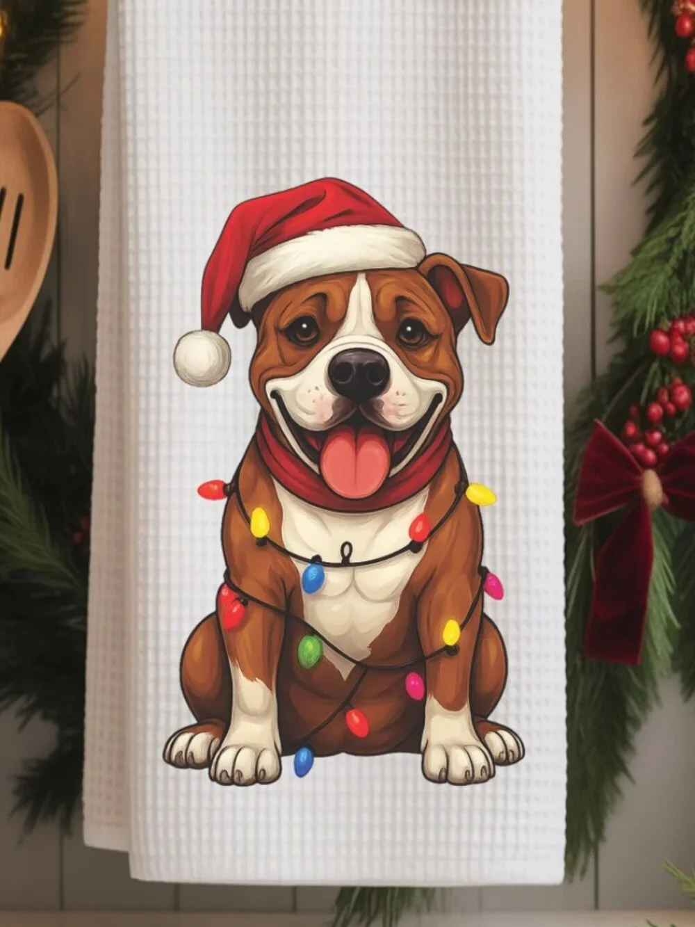 American Staffordshire Terrier Christmas Lights Decorative Kitchen Tea Towel